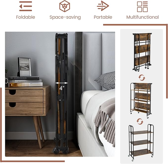 Giantex Foldable Storage Shelves with Wheels, No Assembly 3-Tier Rolling Cart, 2 of The Wheels Have Locks, Microwave Utility Cart Baker Rack, Portable Storage Rack w/Metal Frame, for Kitchen, RV