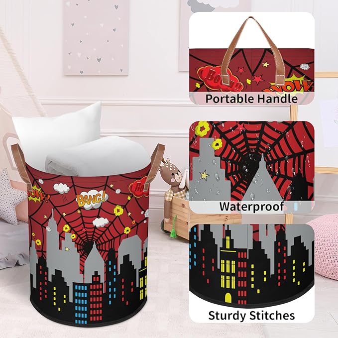 Boys Laundry Hampers for Bedroom Spider Web Collapsible Sturdy Dirty Clothes Basket with Handles for Kids Room Bathroom Living