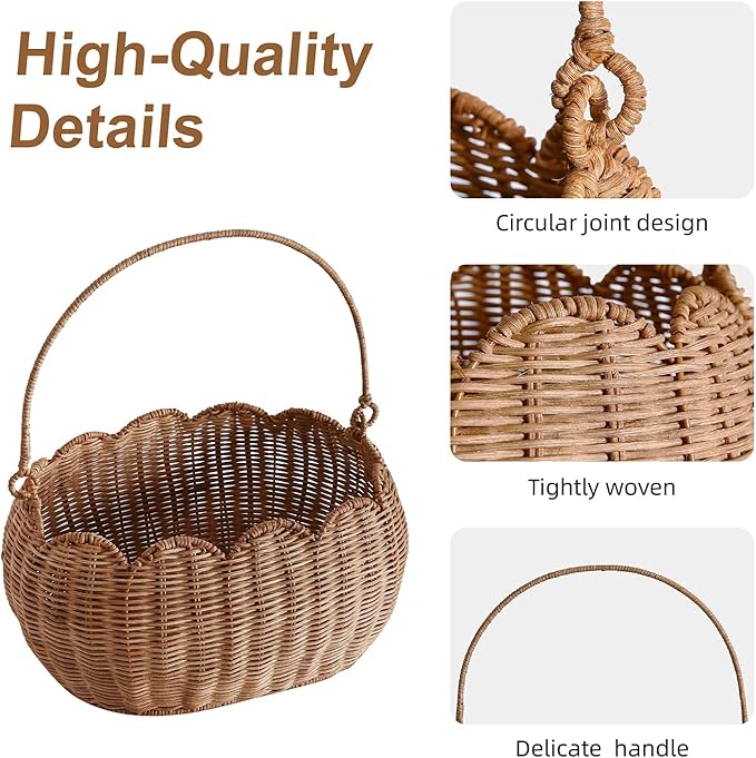 Scalloped Round Basket with Handle, Super Sturdy Wicker Storage Baskets, Hand Woven Basket for Shelves,Natural Baskets for Organizing (Rattan(12.6 * 9 * 6.1))