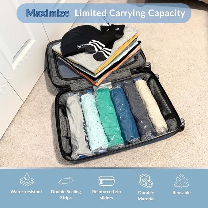 18 Pack Compression Bags for Travel, Roll Up Space Saver Bags for Clothes Storage, Compact Packing travel organizer for Luggage, Suitcase, Backpack, Vacuum Storage No Pump Needed
