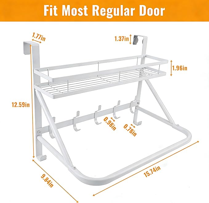 Over The Door Clothes Hanger, Metal Over The Door Hangers for Clothes with 7 Hooks1 Storage Basket For Clothing Hanger Drying Racks for Laundry, Bedroom, Washroom wait（white）