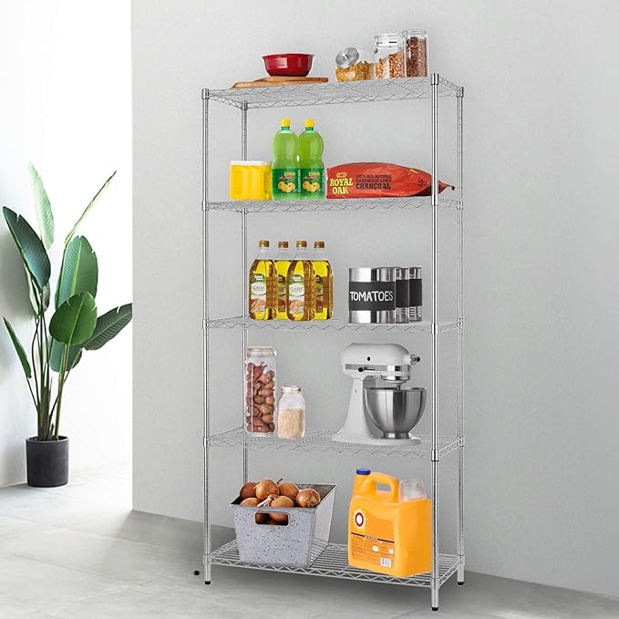 5-Tier Heavy Duty Wire Shelving Unit for Garage & Kitchen Adjustable Metal Shelf, 1250 LBS Wire Rack, Garage Shelving, Pantry Organizer, Storage Shelves, Utility Shelf, Chrome, 36W x 14D x 72H