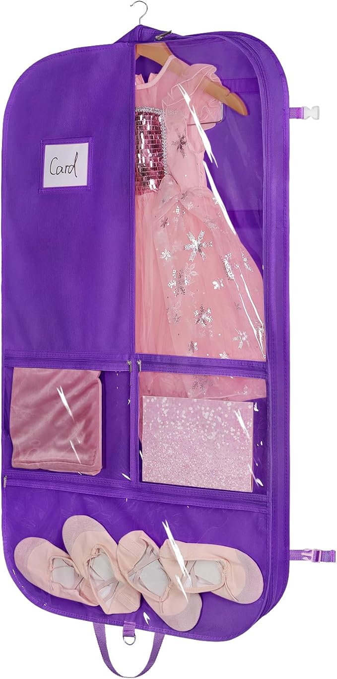 Univivi 40 Inch Kids Garment Bags for Dance Costumes, 3 Medium Clear Zipper Pockets and 2 Back Zippered Pockets for Hanging Clothes, Travel Storage - Dark Purple