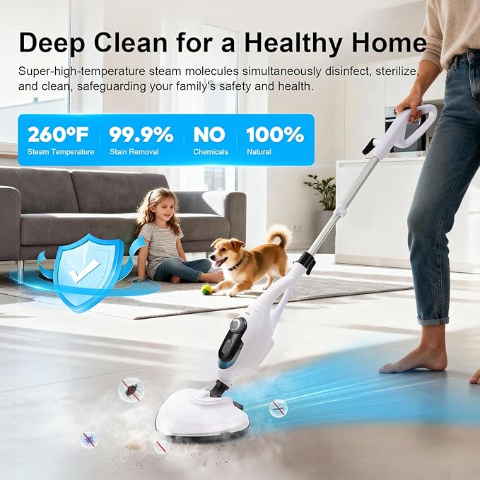 11-in-1 Steam Mop, 1550W Powerful Handheld Steam Cleaner, 260°F Multi-Functional Floor Steamer with 21.3FT Cord for Floors, Hardwood, Tiles, Grout, Windows, Kitchen, Bath, Adjustable (White)