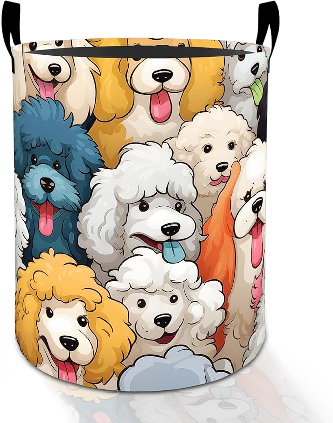 Cartoon Poodle Dog Laundry Basket Hamper for Boys Girls Kids Adults, Foldable Waterproof Oxford Clothes Storage Bin, Colorful Puppy Organizer for Bedroom Bathroom Room Decor 19.7"x15.8"