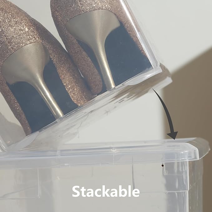 novelinks 12 Pack 6QT Plastic Storage Bins with Lids, Stackable Clear Containers with Latches, Durable Nestable Boxes for Office, Home, Garage, Shoes Organization