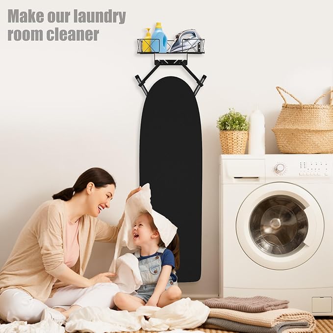 Ironing Board Hanger Wall Mount, Ironing Board Holder, Laundry Room Decor Organization and Storage with Large Storage Grid Base Basket and Removable Hooks(T&V Shaped) for Laundry/Living Room/Bathroom