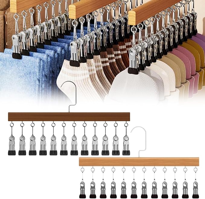 Closet Organizer with 12 Clips, 360° Rotating Pants Hangers for Jeans Leggings Skirts, Space Saving Hanging Storage for Scarves Hats Ties Socks, Multi-Purpose Rack for Bedroom Closet Wardrobe (A+B)
