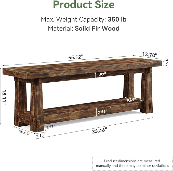 55" Solid Wood Entryway Bench with Shoe Storage, Rustic Charred Wood Grain Foyer Bench with Open Shelf for Hallway, Mudroom, Bedroom, Easy Assembly