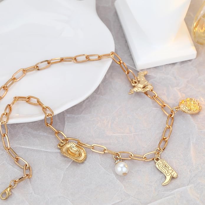Chunky Gold Necklace for Women Gold Evil Eye Cowboy Pendant Necklace Dainty Paperclip Chain Vintage Luck Amulet Choker Necklaces Celestial Jewelry Gift