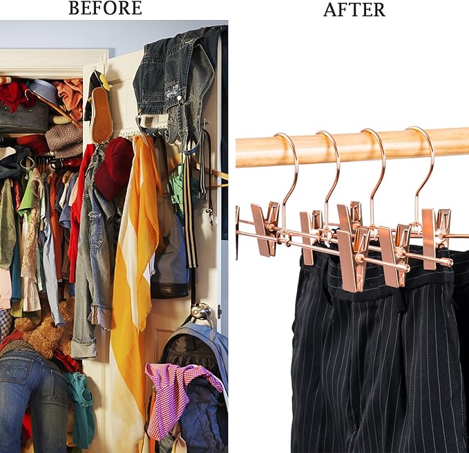 13.8" Rose Gold Pants Clothes Hangers, 10 Pack Trouser Hangers with Clips Metal Trouser Clip Hangers,Heavy Duty Metal Wire Adjustable Clips Bottom Trousers Legging Organizer
