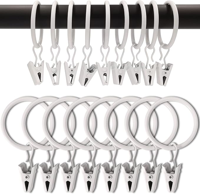 40 Pack White Curtain Rings with Clips, Curtain Hooks Hangers Clip Rings for Hanging Drapes Bows Hat, Drapery Rings 1.26 in I D, Fits up to 1 in Diameter Curtain Rod.
