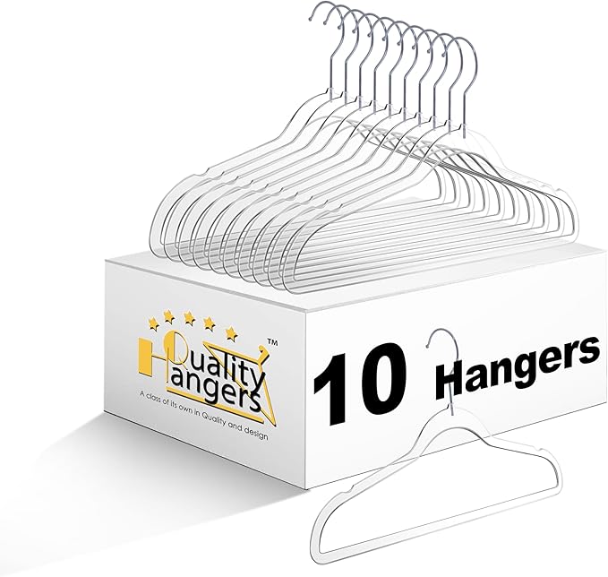 Quality Hangers 14” Clear Plastic Kids Hangers 10-Pack | Durable & Stylish Acrylic Hangers for Petite Adults with 360 Degree Swivel Hook and Notches | Cloths Children Hangers (10, Clear, Chrome)