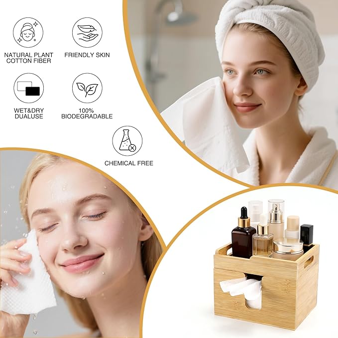 Bamboo Disposable Face Towel Holder with 2 Glass Jars - Open-Top Skincare Organizer for Facial Cleansing Wipes & Beauty Essentials - Bathroom Countertop Vanity Organizer