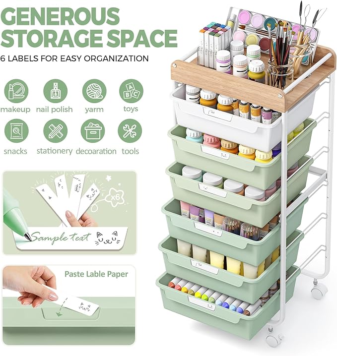 APEXCHASER 6-Drawer Plastic Organizers on Wheels,Rolling Storage Cart with Wooden Top, Mobile Drawer Unit for Classroom, Crafts, Art Supplies, and Home Organization,Green