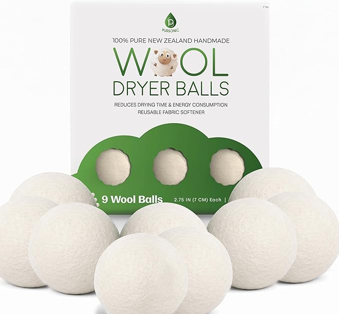 Pursonic Laundry Wool Dryer Balls Made with 100% Pure New Zealand Wool - Natural Reusable Fabric Softener Balls for Drying Time & Energy Consumption - Reduces Clothing Wrinkles & Lint - Set of 9