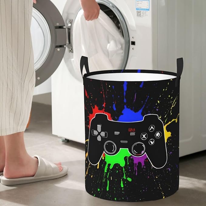 Game Joystick Round Laundry Hamper Gaming Storage Basket Toys Clothes Organizer Bin For Home Bathroom Bedroom Dorm Nursery, 38l