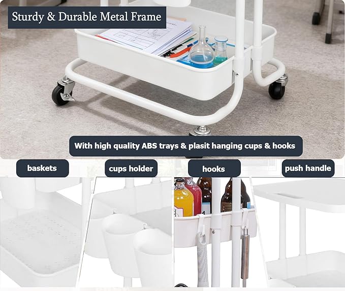 3 Tier Rolling Cart with Topper Storage Table Cart White Utility Cart with Cups & Hooks, Metal Frame with Plasitc Baskets, Functional Mobile Carts for Kitchen Pantry, Arts Supplies,Baby Essentials