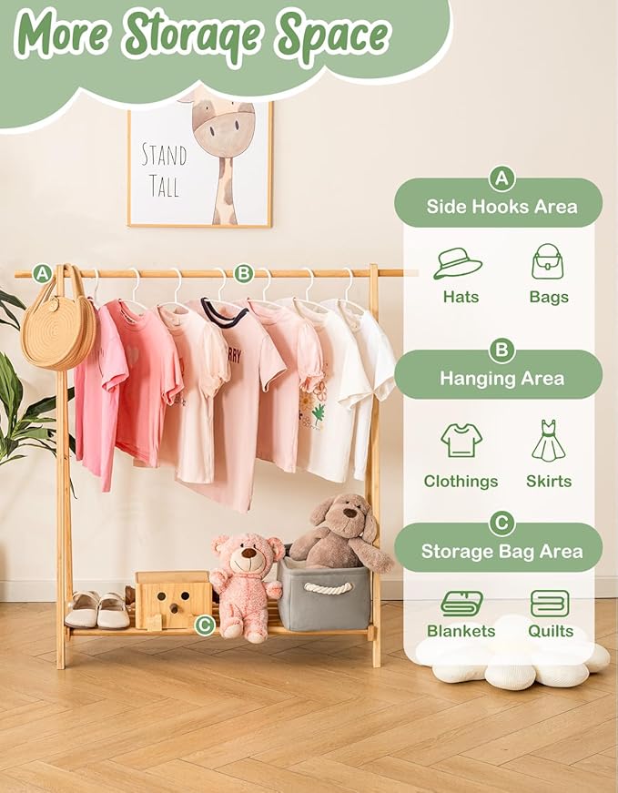 Kids Clothing Rack with Storage Shelf, Kids Dress Up Rack, Dance Costume Garment Rack for Hanging Clothes,Garment Rack for Hanging Clothes Organizer, Bamboo (Natural)