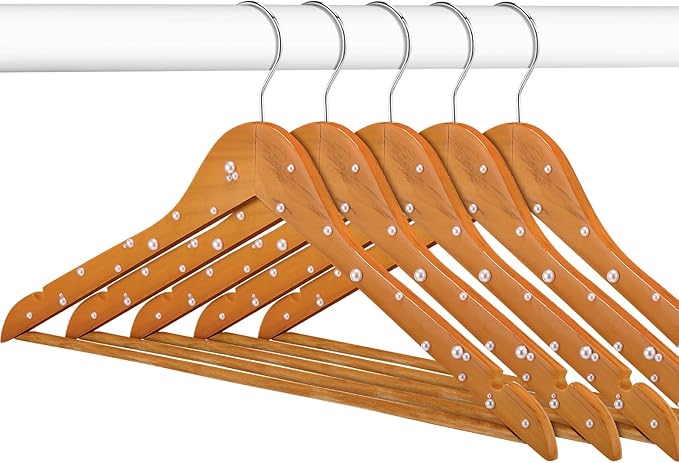 5 Pcs Bridal Dress Hanger Wooden Pearl Wedding Dress Bridal Hanger with Pearl Brown Wooden Wedding Party Gift(Wood Color,Classic)