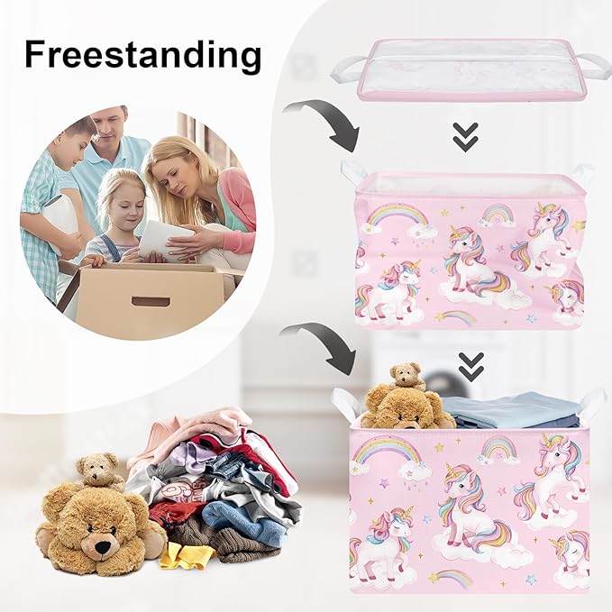 Unicorn Laundry Hamper Large Storage Basket Rainbow Clouds Collapsible Parents Organizer Kids Toy Clothes Bins for Bedroom, Bathroom, Stars, 36L