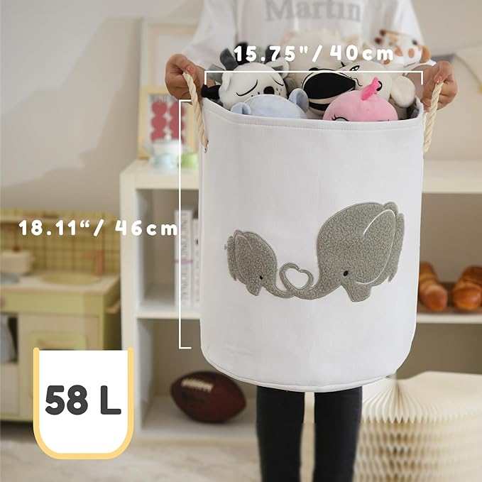 INough Baby Hamper Extra Large Nursery Hamper, 58L Kids Toys Basket Laundry Basket for Baby's Dirty Clothes Collapsible Storage Basket Canvas Clothes Hamper Toy Box Dorm Room Essentials for College