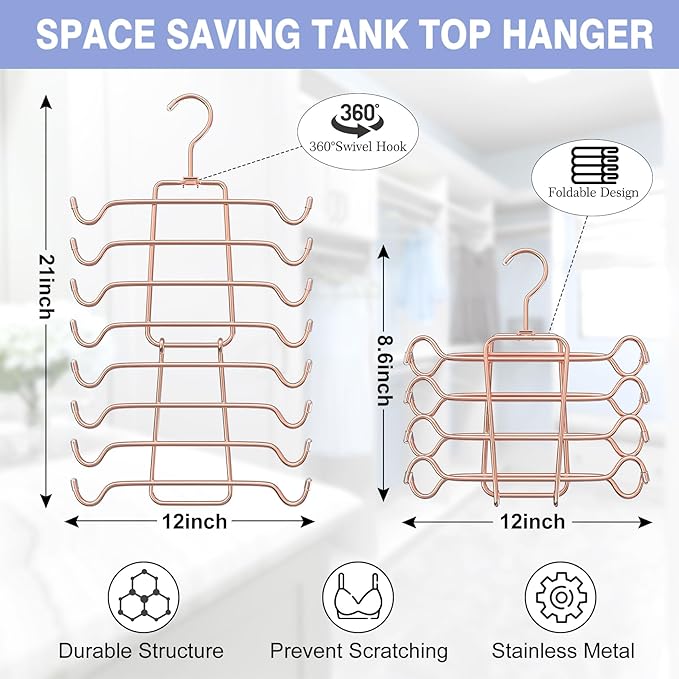 2Pcs Tank Top Hangers Space Saving Hanger Organizer Bra Hangers for Closet Organizer 360° Rotating Metal Closet Organizers and Storage Lingerie Hooks for Cami Bras Belts Swimsuits Lingeries Rose Gold