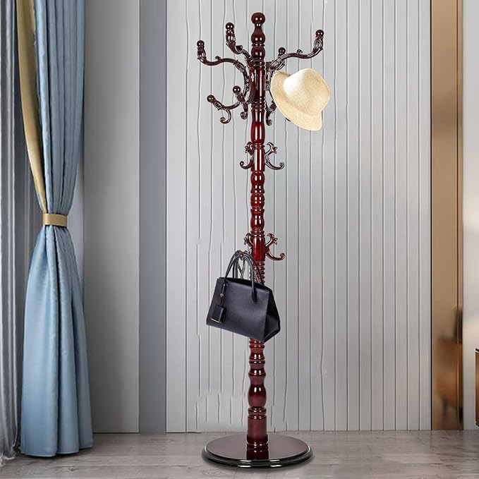 Coat Rack Freestanding, Wooden Coat Rack 14 Hooks, Pure Natural Solid Tree Coat Hanger Stable Disc Base, Adjustable Floor Hanger,for Bedroom Office Hallway Entryway(Mahogany)