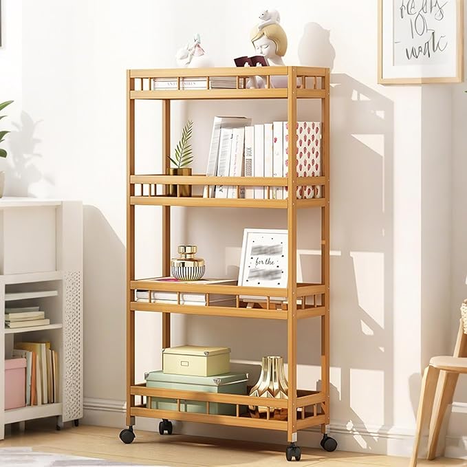 3/4Tier Slim Storage Rolling Cart with Wheel,Wood Storage Trolley Cart,Kitchen Rolling Utility Bamboo Kitchen Slide Out Organizer Rack,Mobile Shelving for Kitchen Bathroom gap(4Tier 50cmwide)
