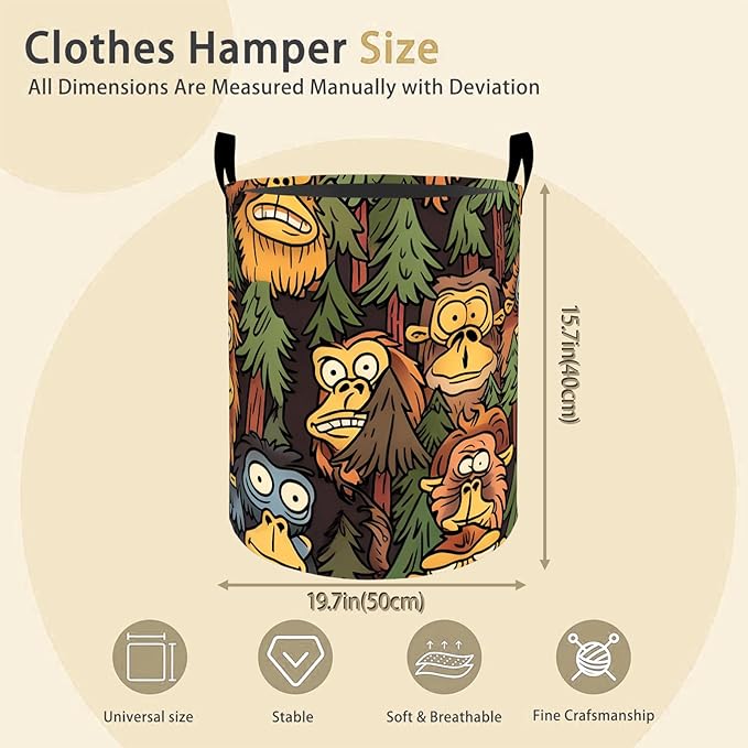 Funny Bigfoot Laundry Basket Hamper for Boys Girls Kids Adults, Foldable Waterproof Oxford Clothes Storage Bin, Cartoon Sasquatch Forest Organizer for Bedroom Bathroom Room Decor 19.7"x15.8"