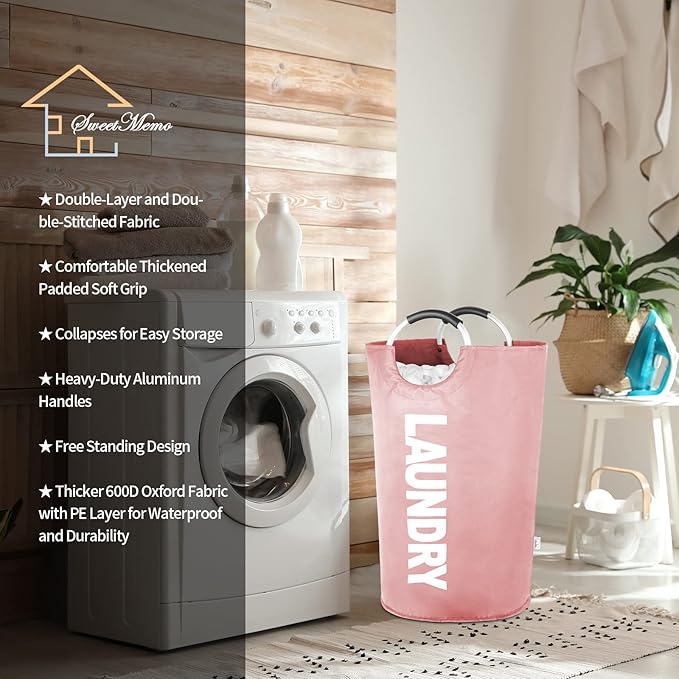 Large Laundry Basket Collapsible，Freestanding Clothes Hamper Bag with Handles – Tall Folding Dirty Laundry Bin，Sturdy Laundry Sorter for College Dorm，Laundry Room – 115L (Pink)