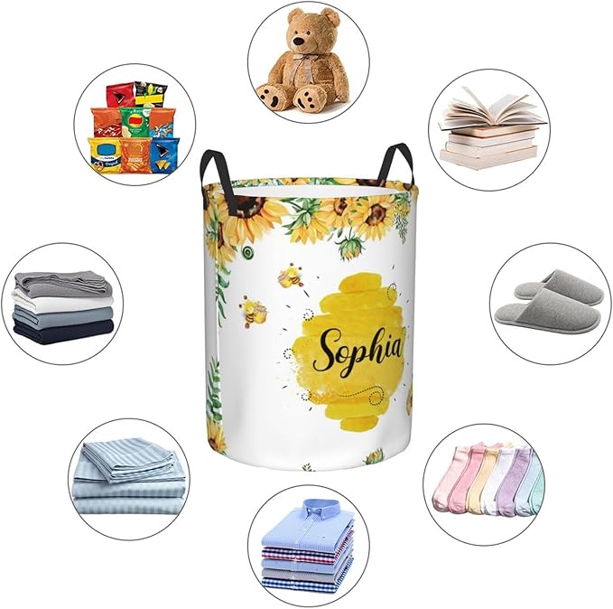 Personalized Laundry Basket for Nursery, Custom Nursery Laundry Hamper with Name, Customize Baby Clothes Circular Hamper for Boys Girls Room Decor, Bee