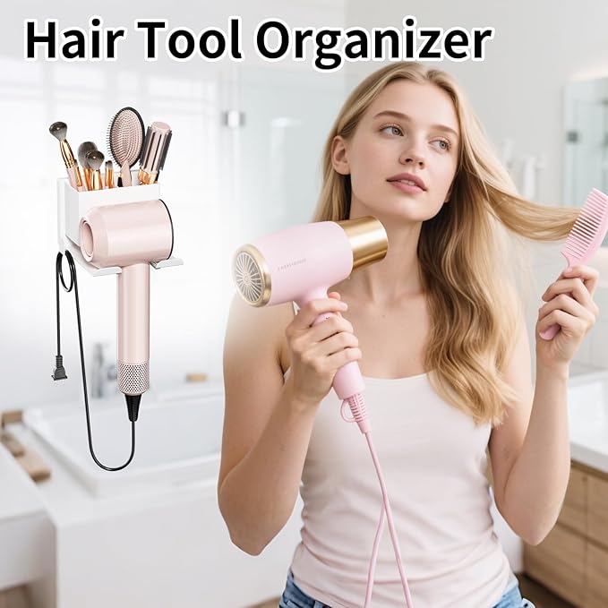 Hair Dryer Holder Wall Mounted, Hair Tools Organizer, Bathroom Space-Saving Blow Dryer Organizer Curling Irons Storage Wall Mounted White (Self-Adhesive and Drilling)