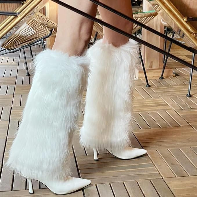 Zando Furry Faux Fur Leg Warmers for Women - Soft Fluffy Legwarmer Winter Boot Cuffs Covers for Daily Halloween Santa Costume