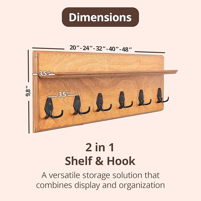 Rustic Wall Mounted Coat Rack with Shelf Wooden Entryway Organizer with 5 Metal Hooks for Coats Hats Towels Keys Floating Storage Shelf for Bathroom Bedroom (Oak, 45 inch 8 Hooks)