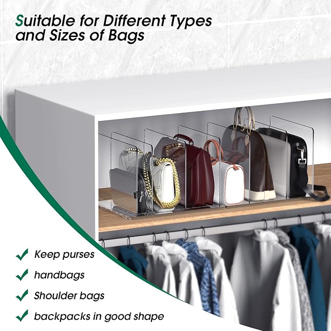 Purse Organizer for Closet，2-Pack 8 Clear Adjustable Acrylic Shelf Dividers for Closet Organization，Handbag Storage Organizer, Purse Separators Holder for Home Kitchen, Office