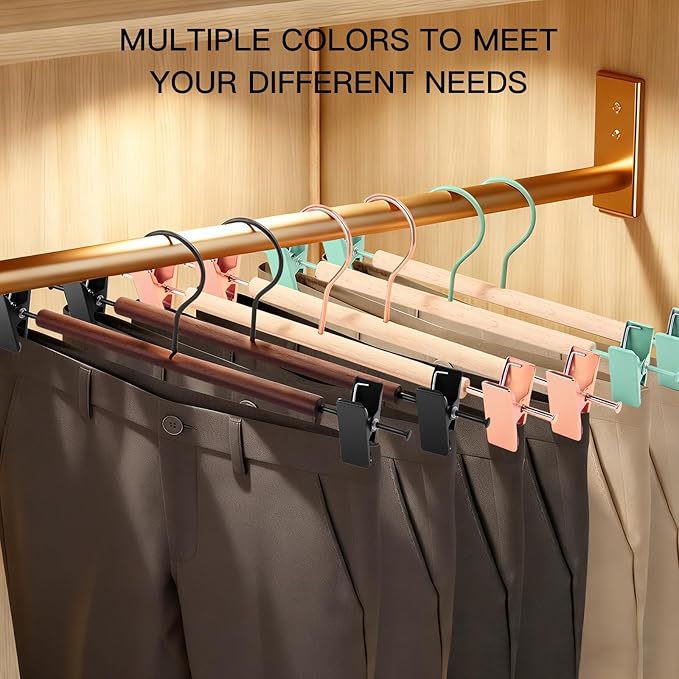 Wooden Pants Hangers with Clips 12 Pack, Heavy Duty Adjustable Clip Non Slip Skirt Hanger for Jeans, Trousers, Short, Clothes, Space Saving Closet Organizer (Black, 12 Pack)