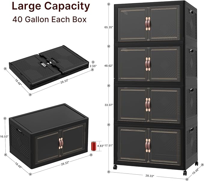 Extra Large Stackable Storage Bins, Lockable Storage Bins with Lids, Folding Storage box with Doors and Wheels, Collapsible Plastic Drawers for Home, Garage, Office (8, Black, Extra Large)