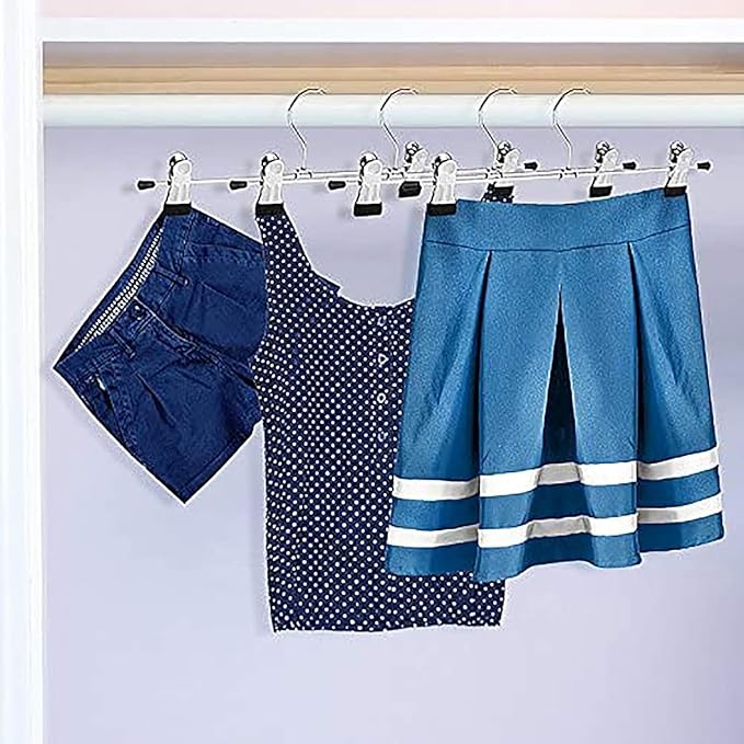 Metal Pants Shorts Hangers, Heavy Duty Kids Skirt Hangers with 2 Adjustable Non Slip Clips, Ultra Thin Space Saving 360 Degree Swivel Hook Stainless Steel Hanger 12 Pack