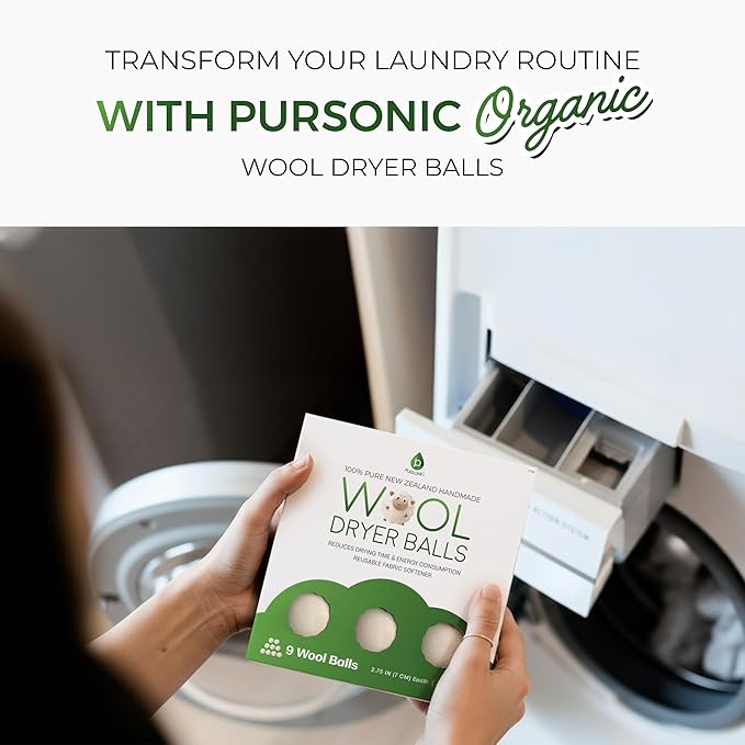 Pursonic Laundry Wool Dryer Balls Made with 100% Pure New Zealand Wool - Natural Reusable Fabric Softener Balls for Drying Time & Energy Consumption - Reduces Clothing Wrinkles & Lint - Set of 9