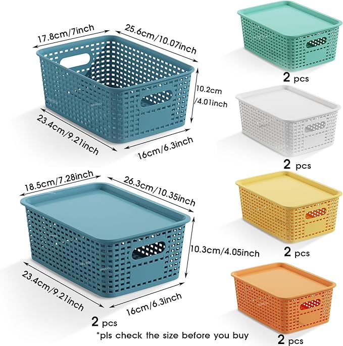Plastic Storage Basket with Lids 10 Pack Stackable Colorful Storage Bins Containers with Lid, Decorative Storage Boxes for Organizing Shelves, Drawers, Playroom, Classroom, Office, Closet