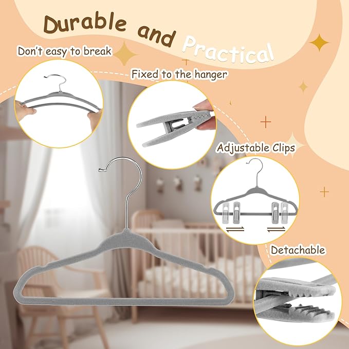 Soaoo 100 Pcs Baby Velvet Clips with 50 Baby Velvet Hangers, Pants Hangers Strong Finger Clips, Non Slip Kids Hanger for Kids, Toddler, Children's Closet & Nursery Closet (Grey)