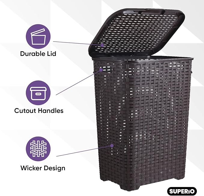 Superio Laundry Hamper Basket With Easy Open Lid 60 Liter Large Wicker Hamper, Dirty Cloths Storage With Two Cutout Handles, Laundry Room Bin (2 Pack, Brown)