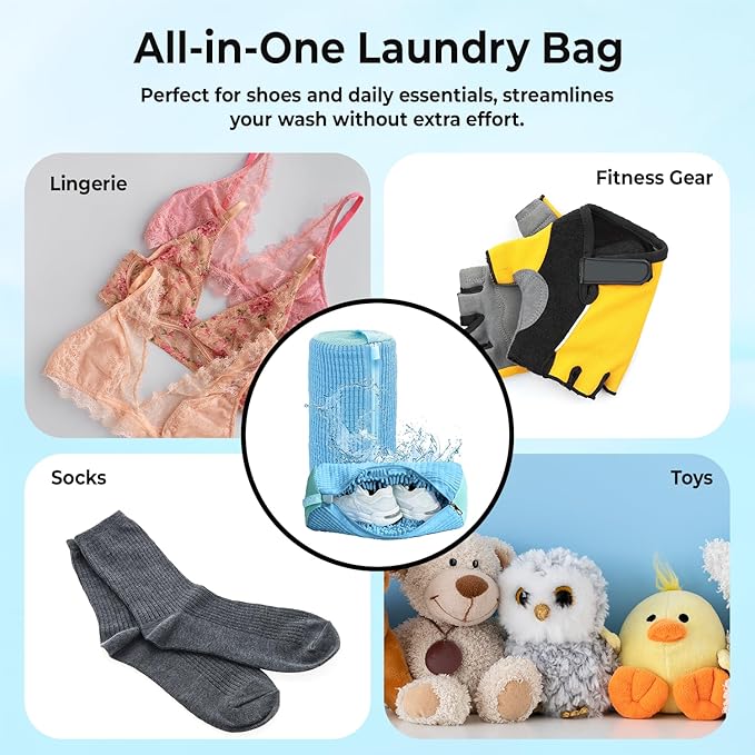 2PCS Shoe Washing Machine Bag with Pair of Shoe Tree and 4 Deodorizer Balls, Durable Zipper Reusable Shoe Washing Bag with 20000+ Fluffy Fiber Lining For 360° Cleaning for Sneakers (Blue)