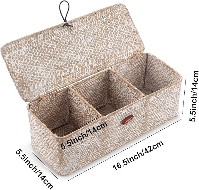Whitewash Seagrass Tank Basket with Lid Woven Toilet Roll Storage Basket with Sections Rectangular for Organize Snack Toys (Large Compartment 16.5inch L x 5.5inch W x 5.5inch H)