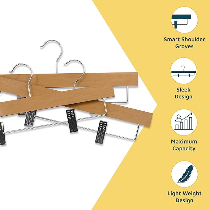 Natural Color Wooden Pants Hangers 20 Pack, Lotus Wood Hanger with Adjustable Non-Slip Clips, Heavy Duty 10 lb Capacity, 360° Swivel Hook, Slim, Space-Saving Design for Slacks, Jeans, Skirts