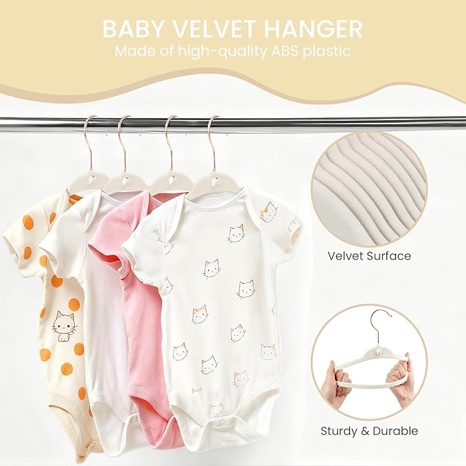 Kids Velvet Hanger 50 Pack, 11" Baby Clothes Hangers with Rose Gold Swivel Hook & 10 Clips, Ultra Thin 0.2" Non-Slip Nursery Hangers, Stackable Space-Saving Felt Hangers for Closet, Beige