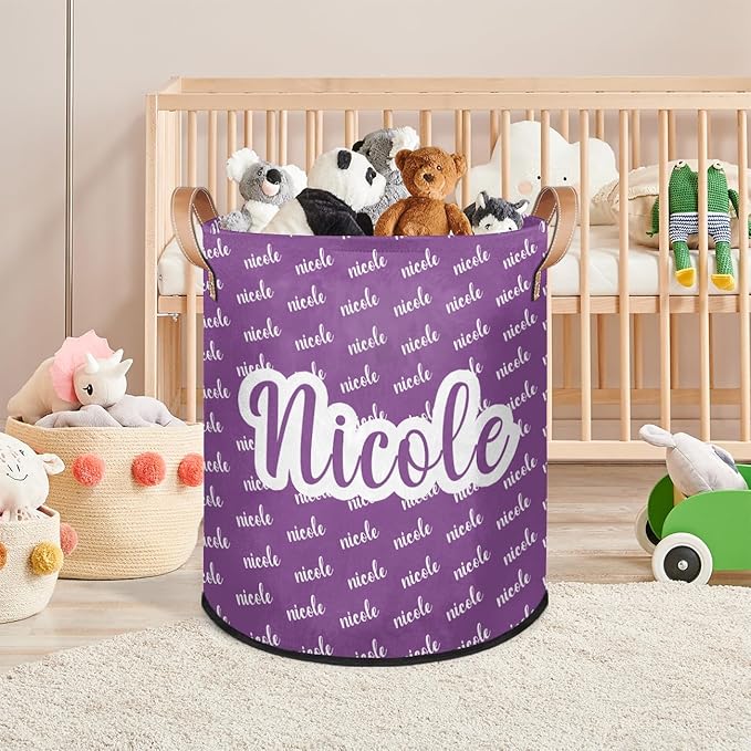 Custom Name Laundry-Hamper, Personalized Purple Kids-Clothes-Hamper Foldable with Name, Customized Storage Basket with Handles Waterproof Gift for Boys Girls Baby Women