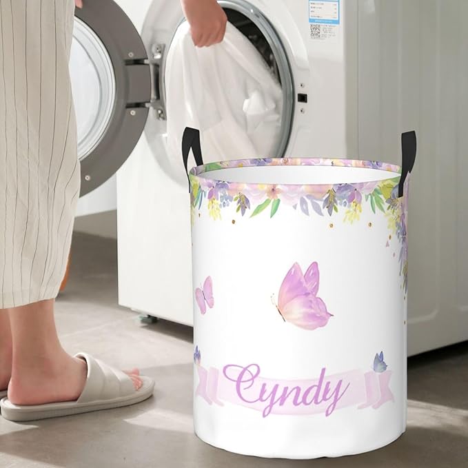 Personalized Laundry Basket for Nursery, Custom Nursery Laundry Hamper with Name, Customize Baby Clothes Circular Hamper for Boys Girls Room Decor, Butterfly Floral