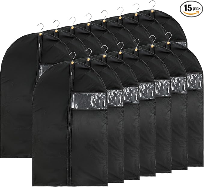 15 Pack Suit Bags Garment Bag for Men Storage 40-inch Clothes Cover with Clear Window and ID Card Holder for Suit Jacket, Skirt, Shirt and Coat